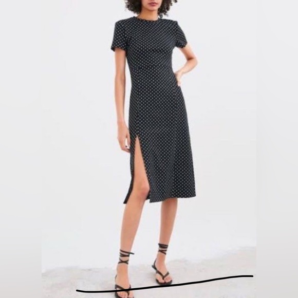 Zara Womens Large Black White Polka Dot Sheath Midi Dress Short Sleeve With Slit - Picture 1 of 6